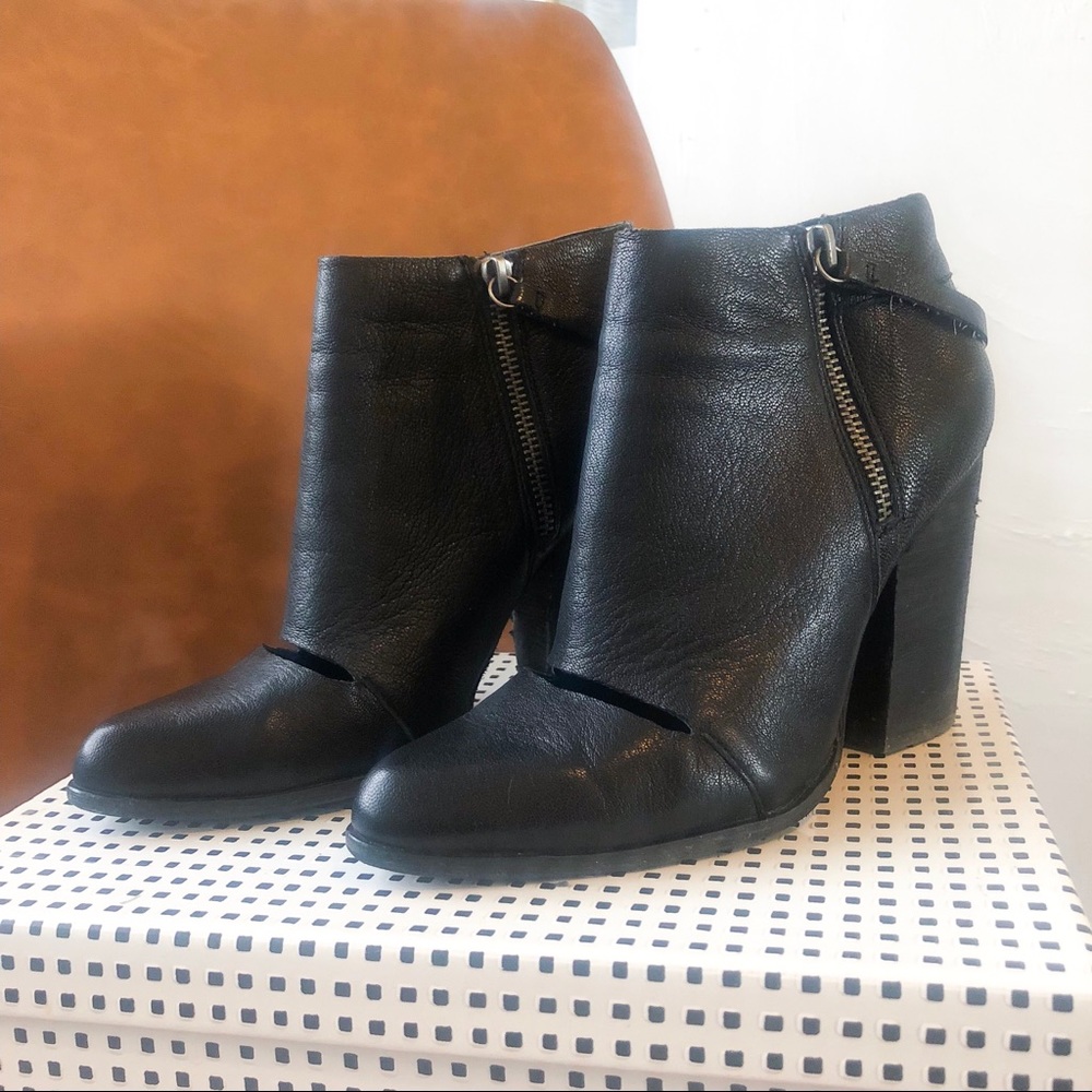 Black Leather Ankle Booties with Zip/Cutout Detail